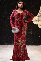 Robe de Soirée pour Demoiselle d'Honneur, Grande Taille, Bordeaux, Longue, Paillettes, Banquet, Col V, Manches sulf, Élégante, Maxi 1